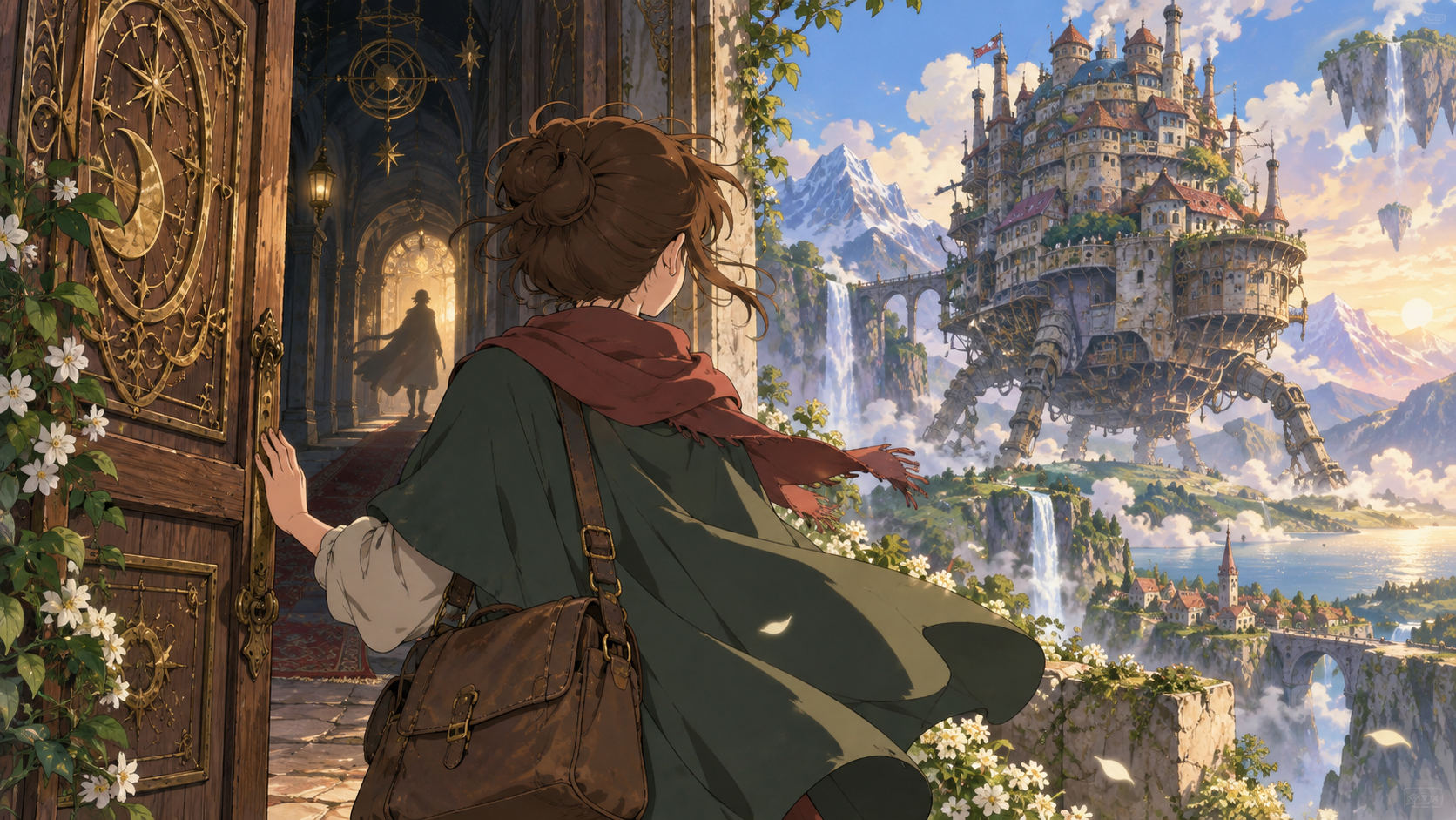 Sophie opens the door of a moving castle.